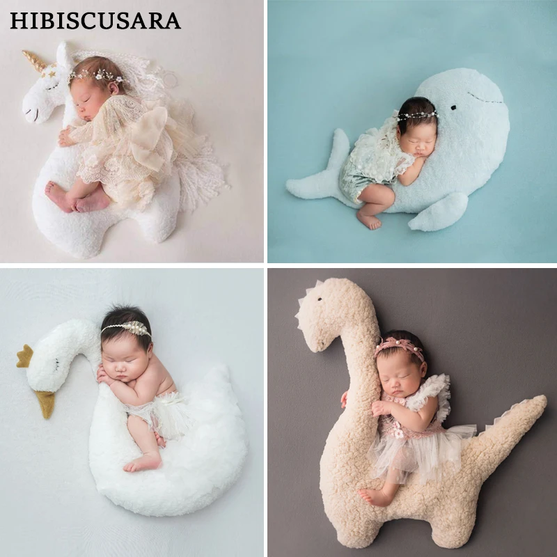 Newborn Baby Photography Clothing Swan Posing Pillow Horse Dino Whale Doll Infant Photo Props Tulle Dress Outfits Cushion Posing