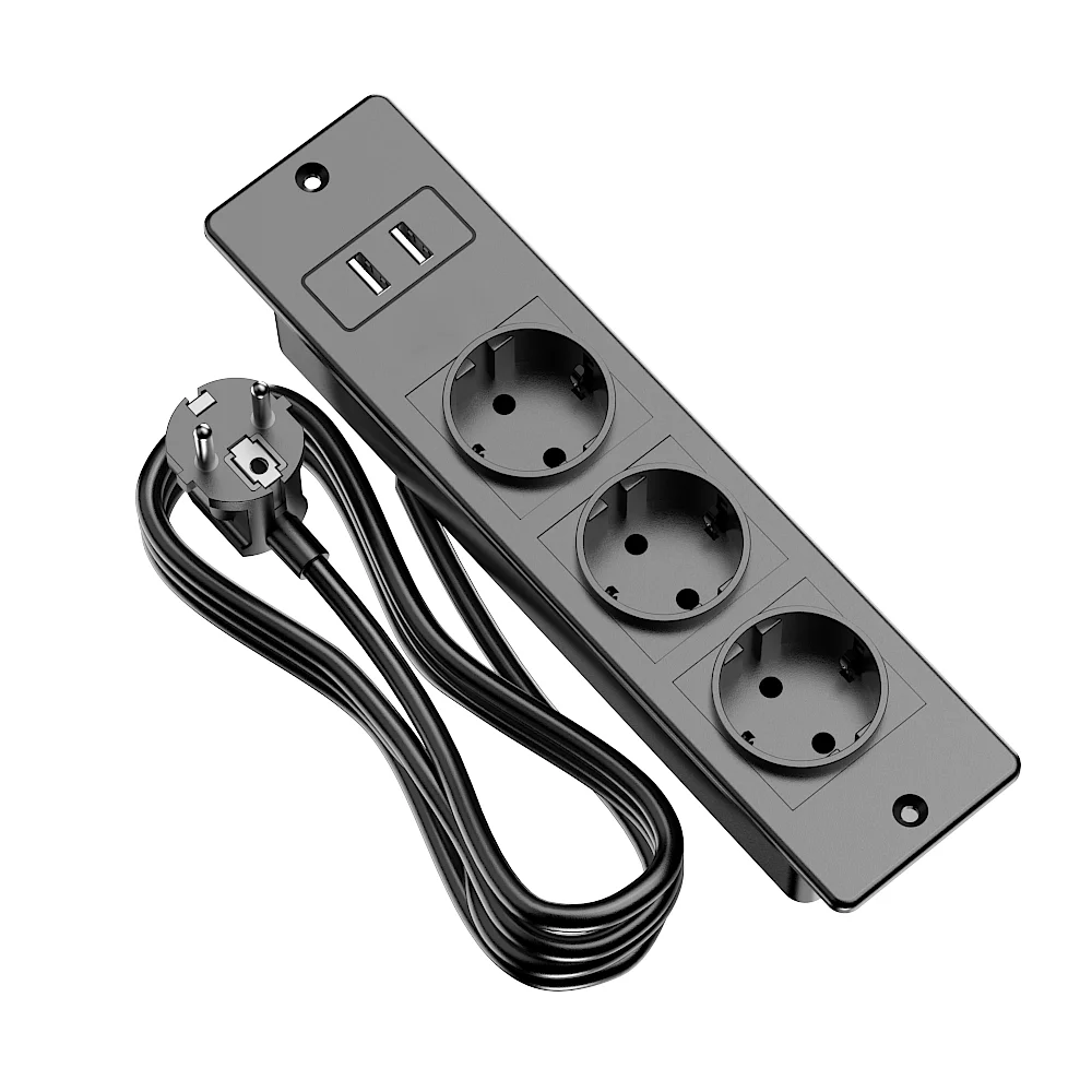 Recessed Power Strip 3 AC Outlets 2 USB-A (5V 2.1A) 1.5M Extension Cord Desktop Socket for Bedroom Kitchen Hotel Living Room