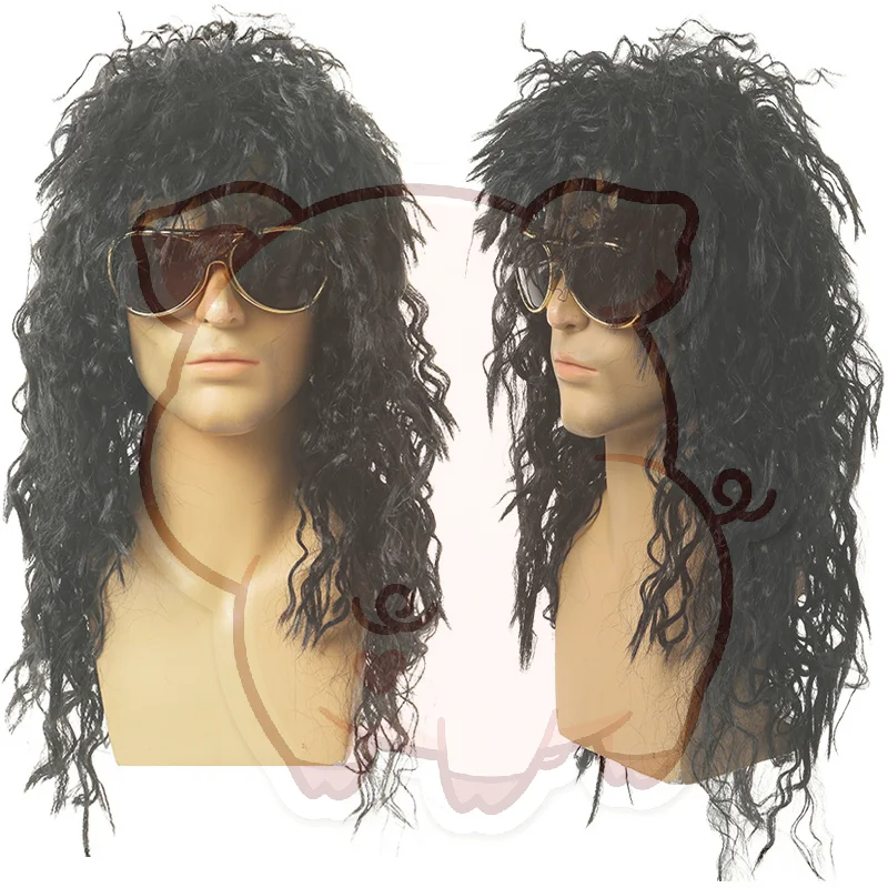 Men Long Curly Wig Black Wig Male Synthetic Cosplay Wigs Puffy High Fiber Machine For Rock Party Fluffy Nightclub Bar Wig