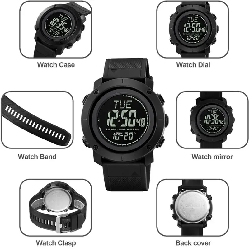SKMEI Genuine Digital Watch Army Green Camouflage World Time Compass Chimes all'ora un orologio per viaggi e avventure 2095
