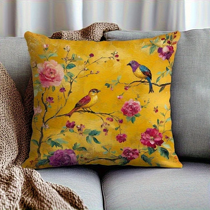 1pc Bright Yellow Background Bird & Flower Oil Painting Themed Printed Throw Pillow Cover, Suitable for Sofa,Bedroom,Living Room
