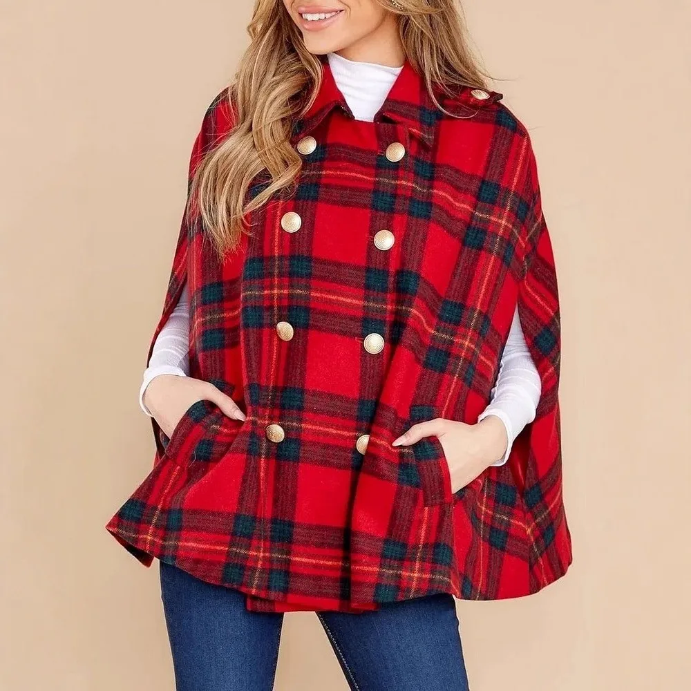 Plaid Check Pattern Cape with Patchwork V Neck Long Sleeve Regular Fit Medium Weight Japanese Korean Casual Women Jacket