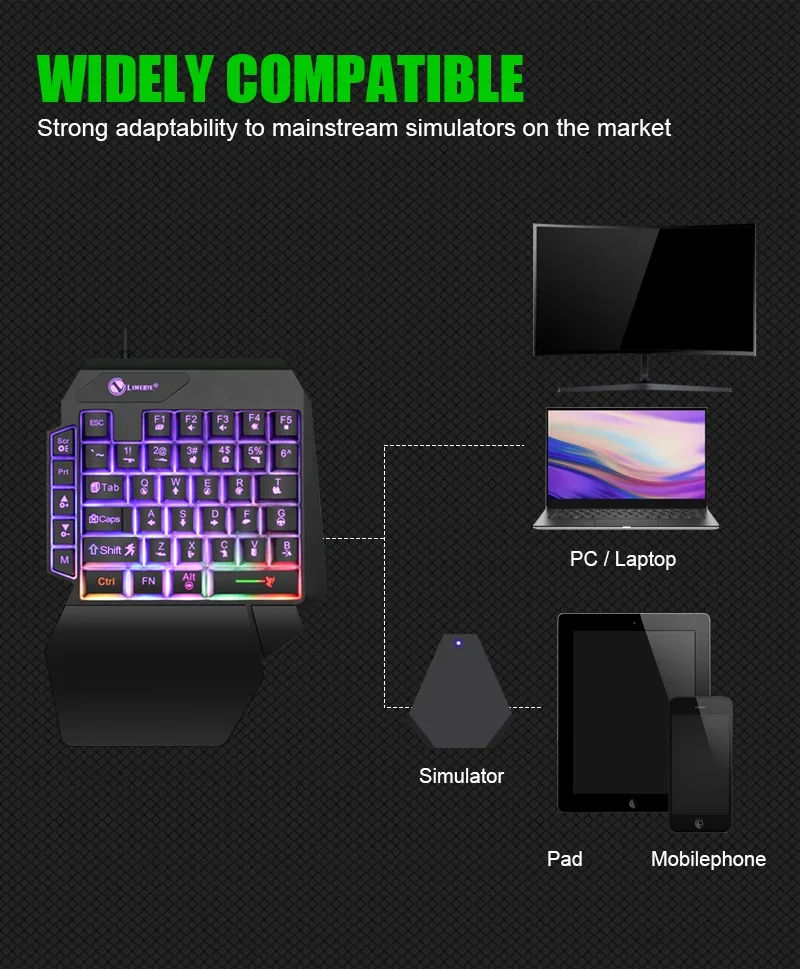 Mechanical Hand-Feel Single-Handed Keyboard for Tablet and Mobile Games, Assisting Movement, Rainbow Character Backlit Keyboard