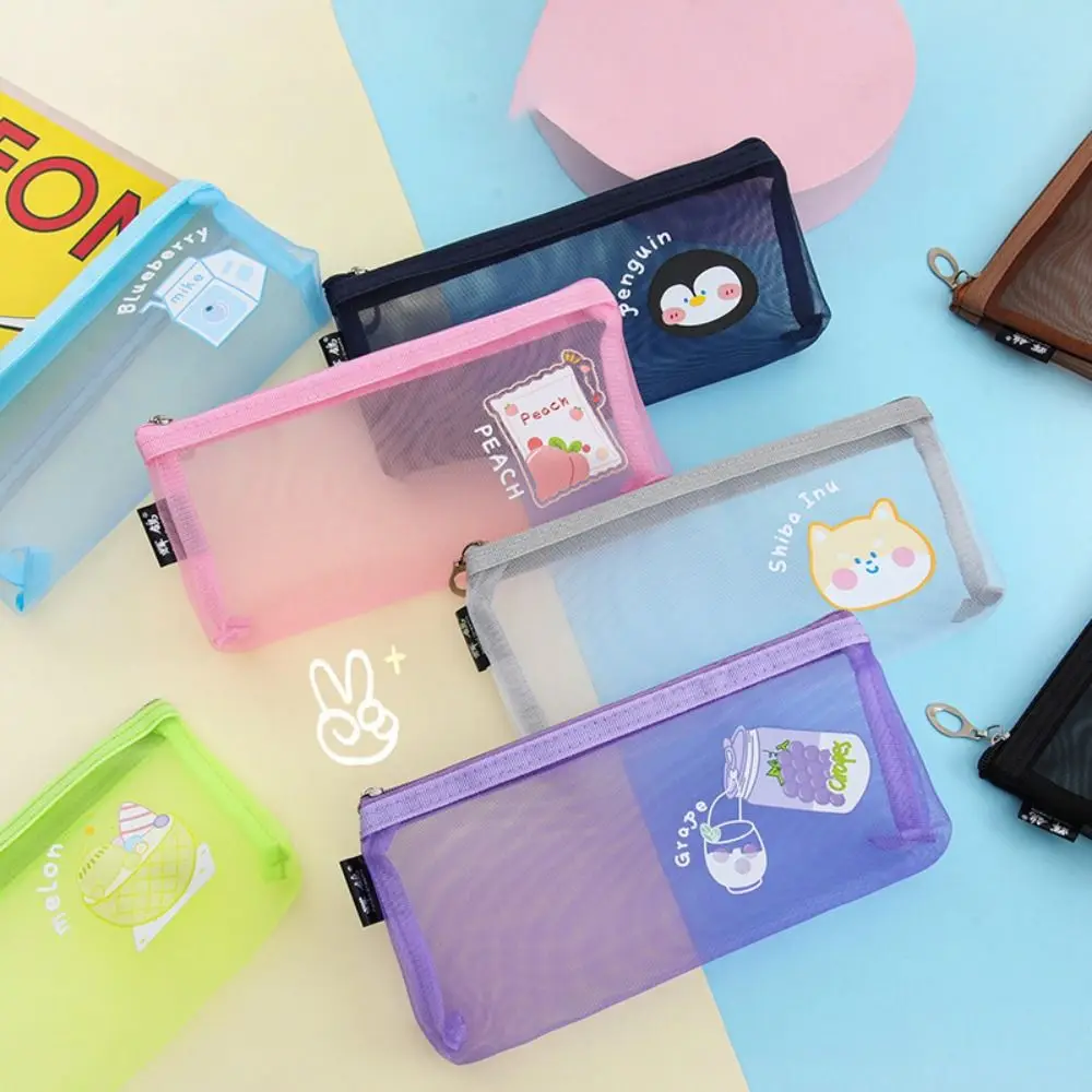 Portable Cute Mesh Pencil Case Cartoon Transparent Stationery Storage Bag Large-Capacity Nylon Mesh Net Pen Bag School