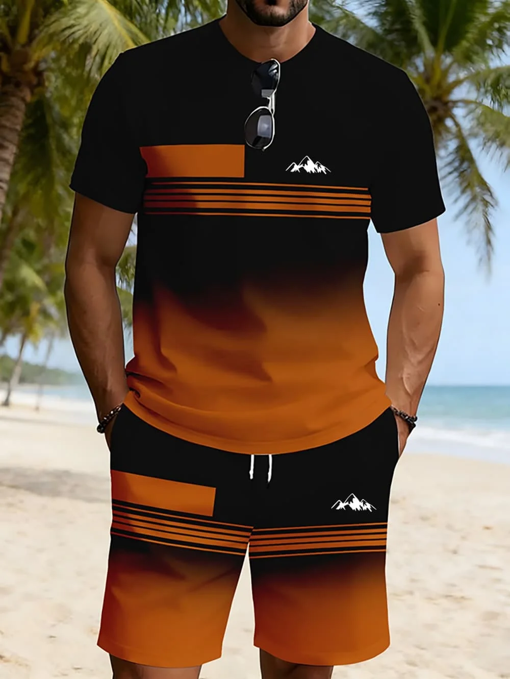 2026 Summer New Arrival Men's Casual Two-Piece Set Striped 3D Print Short-Sleeve Shirt and Athletic Shorts Set Men's Fitness Set view 3