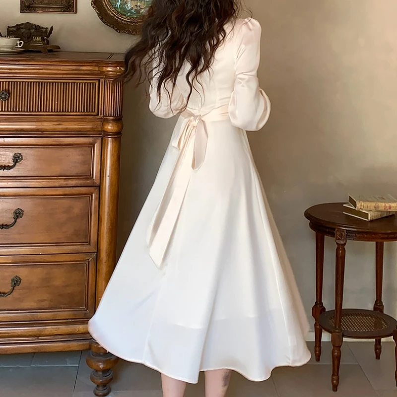 Elegancka sukienka midi damska w stylu vintage z satyny, koreańska, codzienna, dopasowana, z długim rękawem, do biura, z dekoltem typu O, wiązana, odzież damska, szata.
