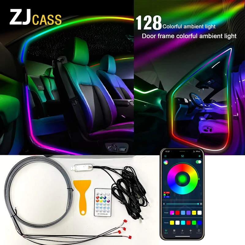 

128-цветное окружающее освещение двери автомобиля USB Dreamcolor Flow Светодиодная лампа с музыкальным ритмом Световая полоса Беспроводное приложение/пульт дистанционного управления