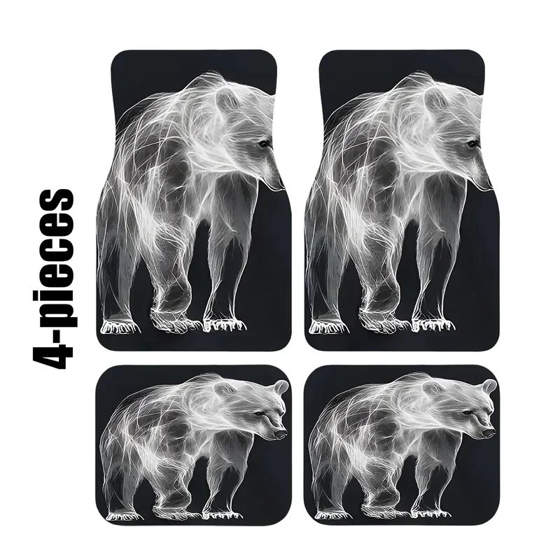A Set Of Four Car Floor Mats Featuring A Bear Design Outlined In White On A Black Background. Suitable For Various Car Models, M