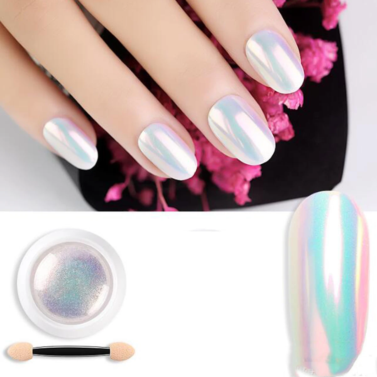 1 Jar Pearl White Shell Powder Nail Glitter Aurora Ice Iridescent Chrome Pigment Mermaid Pearl Mirror Dust Nail Decoration