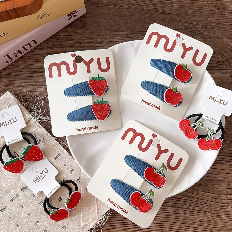 

Bangs & Hair Ties Set For Girls 2pcs Cute Fruit Embroidery Denim Clips Korean Kawaii Non-Slip Comfortable Daily Use