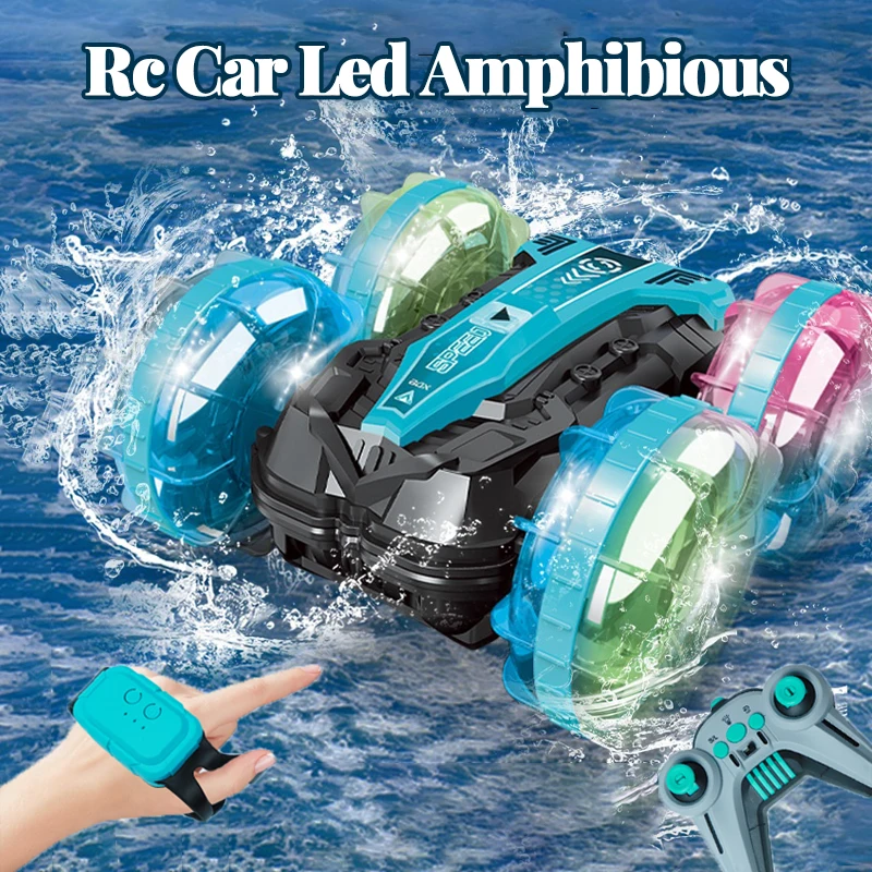 

Rc Car Led Amphibious Dual Remote Gesture Control Waterproof Stunt Car Double Side Flip Drift Drive 360 Rotation Rc Cars Kid Toy