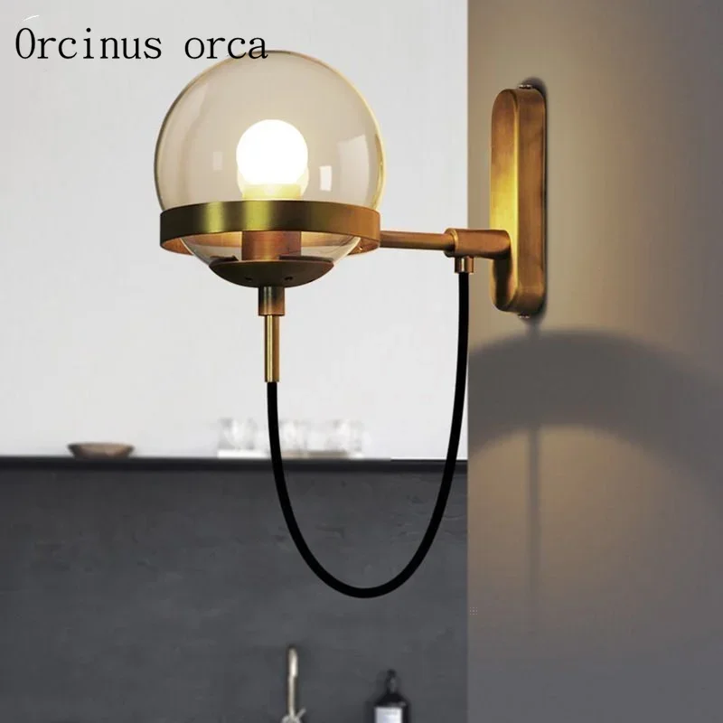 American retro Cognac glass ball wall lamp hotel living room bedroom bedside lamp industrial wind creative copper wall lamp