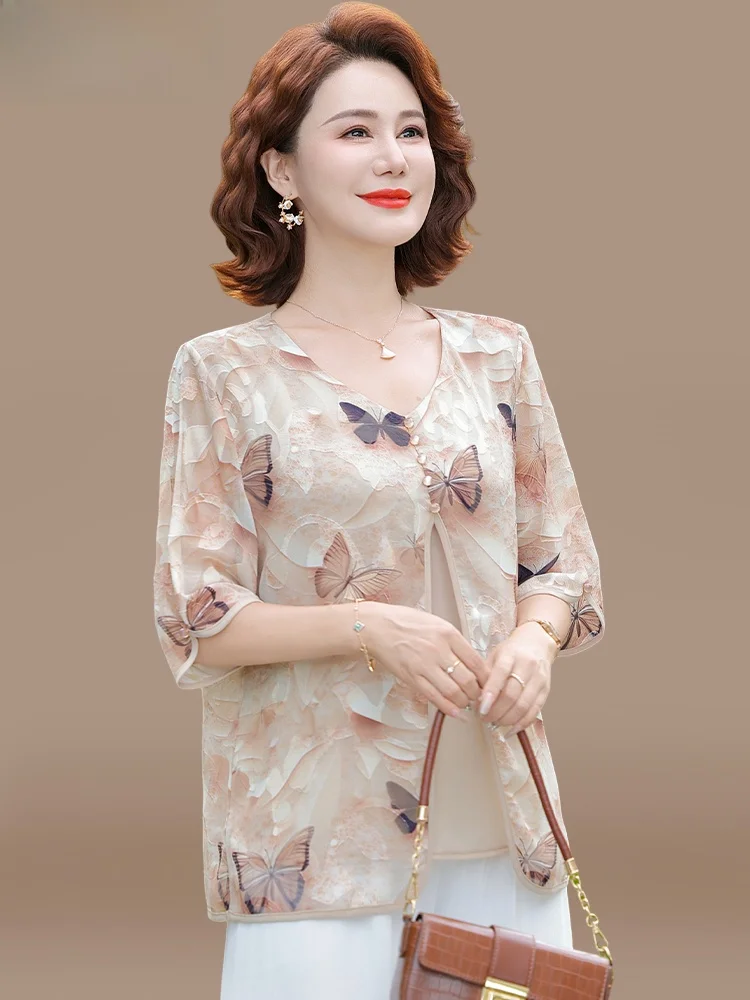 

Ele Mom Summer Outfit Chiffon Top Set 2025 New Sle Mid-Aged Women Wide Lady ort Sve irt Faionable Loose Fit