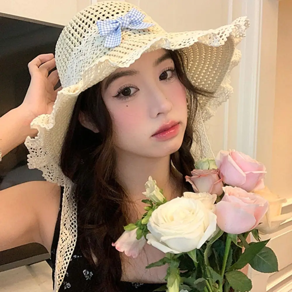 

Elegant Sweet Bow Ribbon Straw Hat Big Brim French Style Lace Bucket Hat Foldable Beach Women's Sun Hat Travel