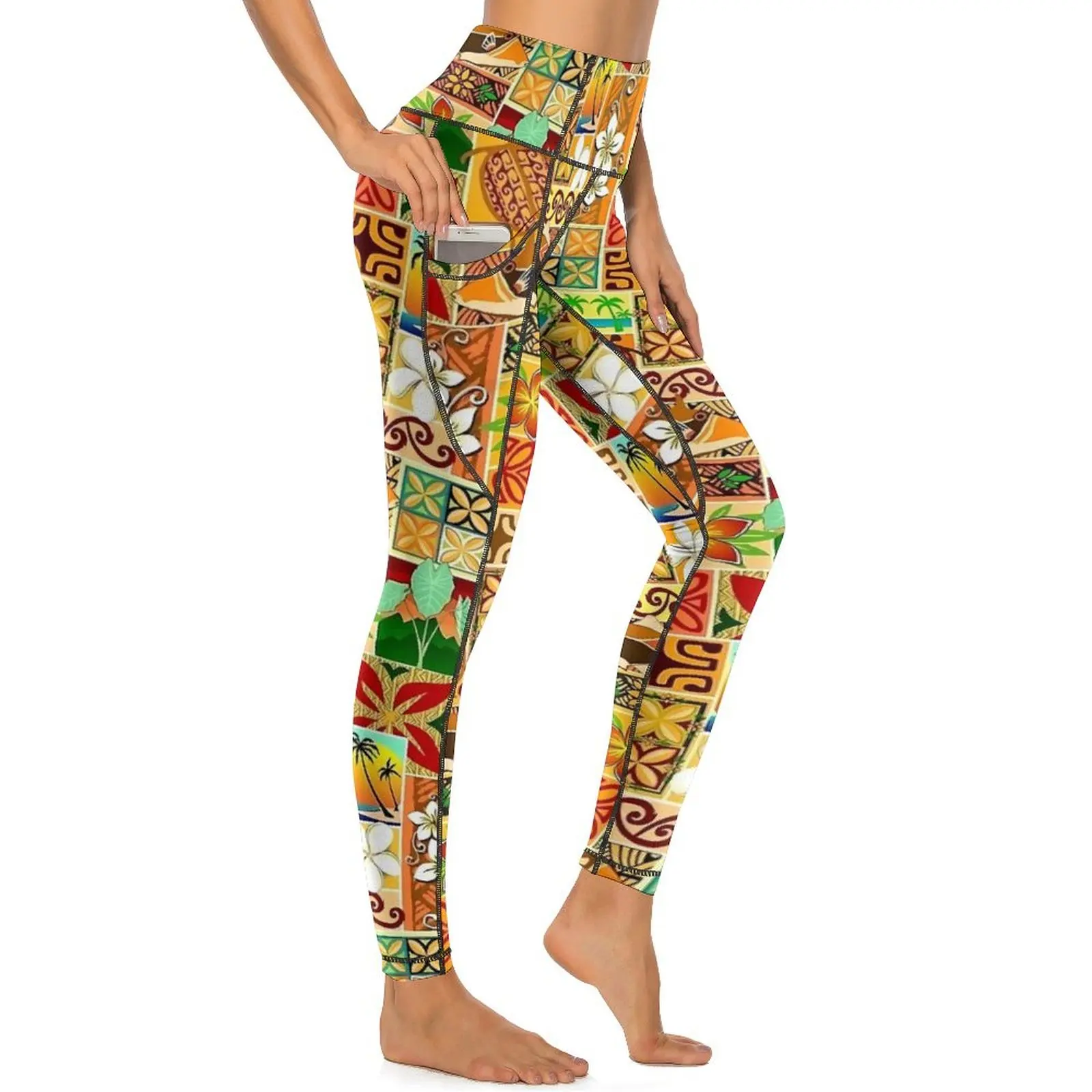 Hawaiian Blocks Leggings Sexy Tropical Floral Print High Waist Yoga Pants Funny Quick-Dry Leggins Female Fitness Sports Tights