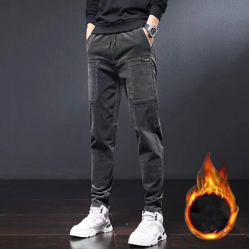 Streetwear Fashion Men Solid Corduroy Cargo Pants Autumn Winter Korean Slim Vintage Male Clothes Casual Warm Straight Trousers