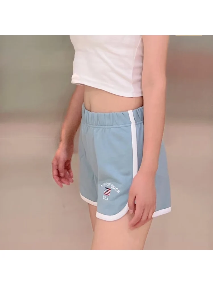 Casual Women Blue Flag Embroidery Short Pants 2022 Summer Fashion Ladies Sporty Female Knitted Shorts