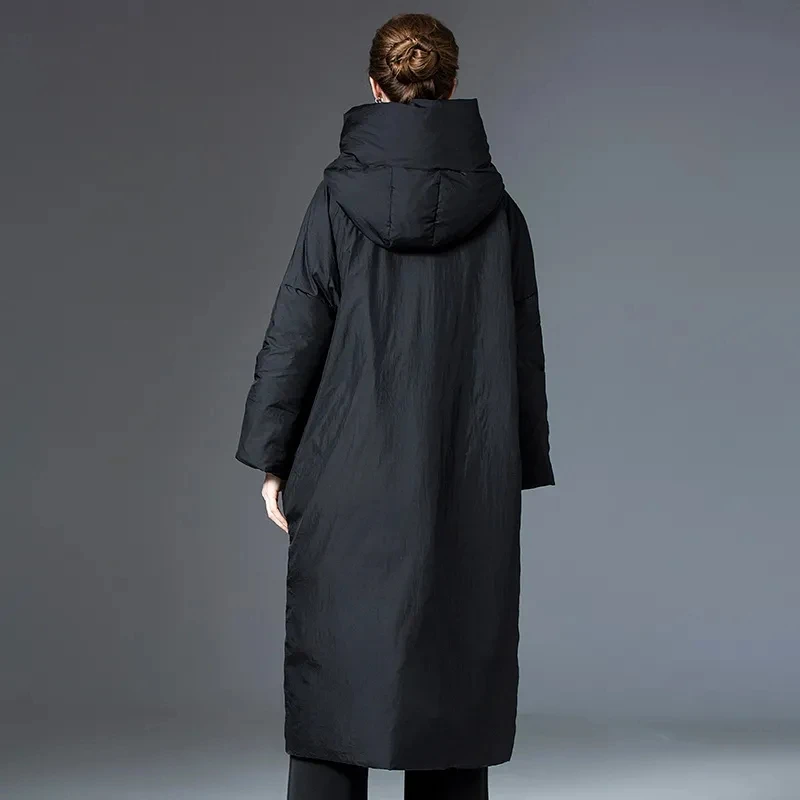 Modemerk Zwart Donsjack Dameskleding 2024 Winter Nieuwe Dikkere Parka \'S Losse Lange Witte Eendendons Capuchon Dames