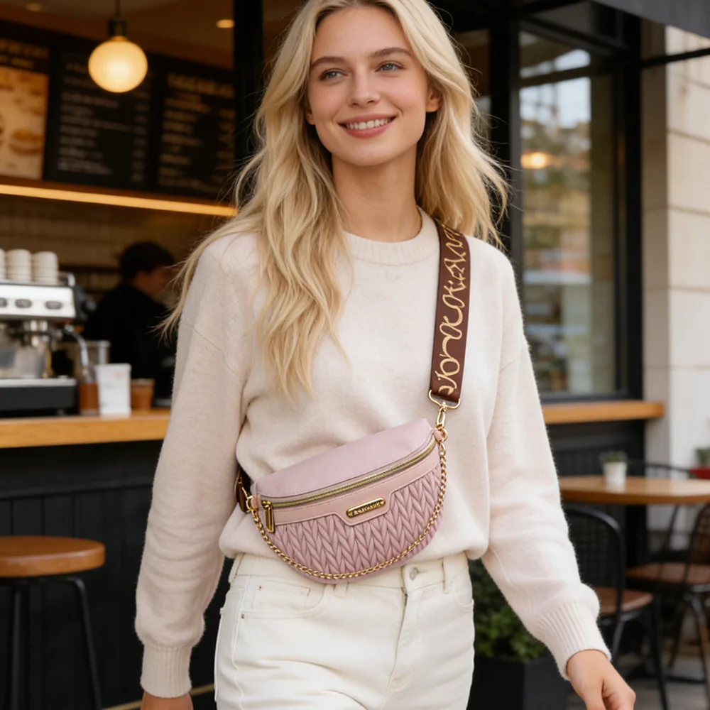 Women's Ruched Crescent Crossbody Bag, Small Pink Shoulder Purse with Adjustable Wide Strap, Gold-Tone Chain and Zipper