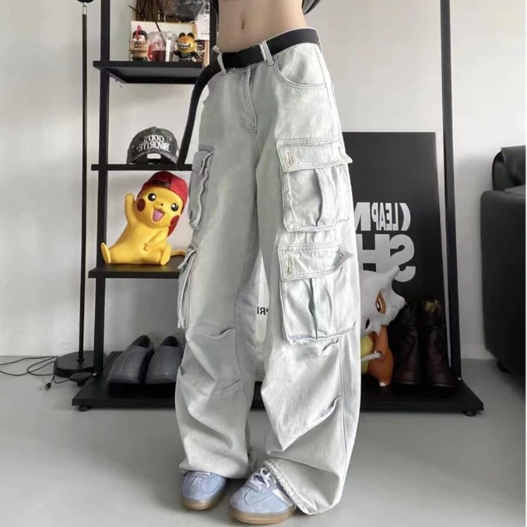 2025 Summer New Street Cargo Pants for Women Y2k Grunge High Waist Loose Wide Leg  Fashion All-match Straight Trousers