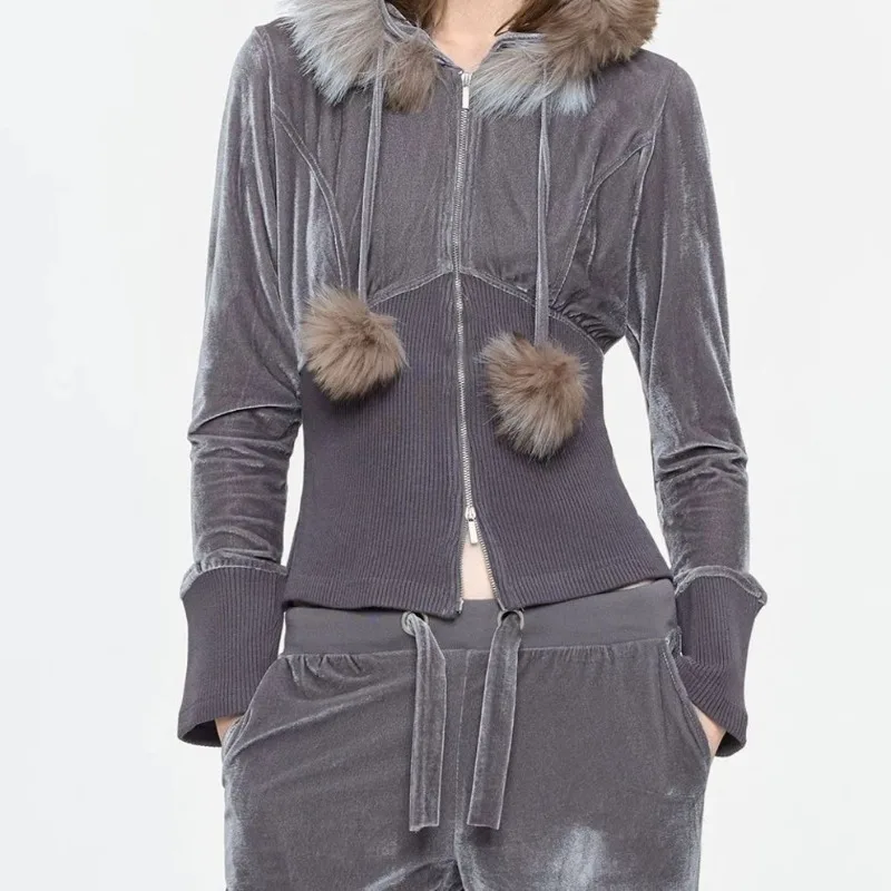 Velvet Women 2 Piece Outfit, Faux Fur Hood Zip Up Cropped Jacket + Loose Pants Y2K Casual Tracksuit Set