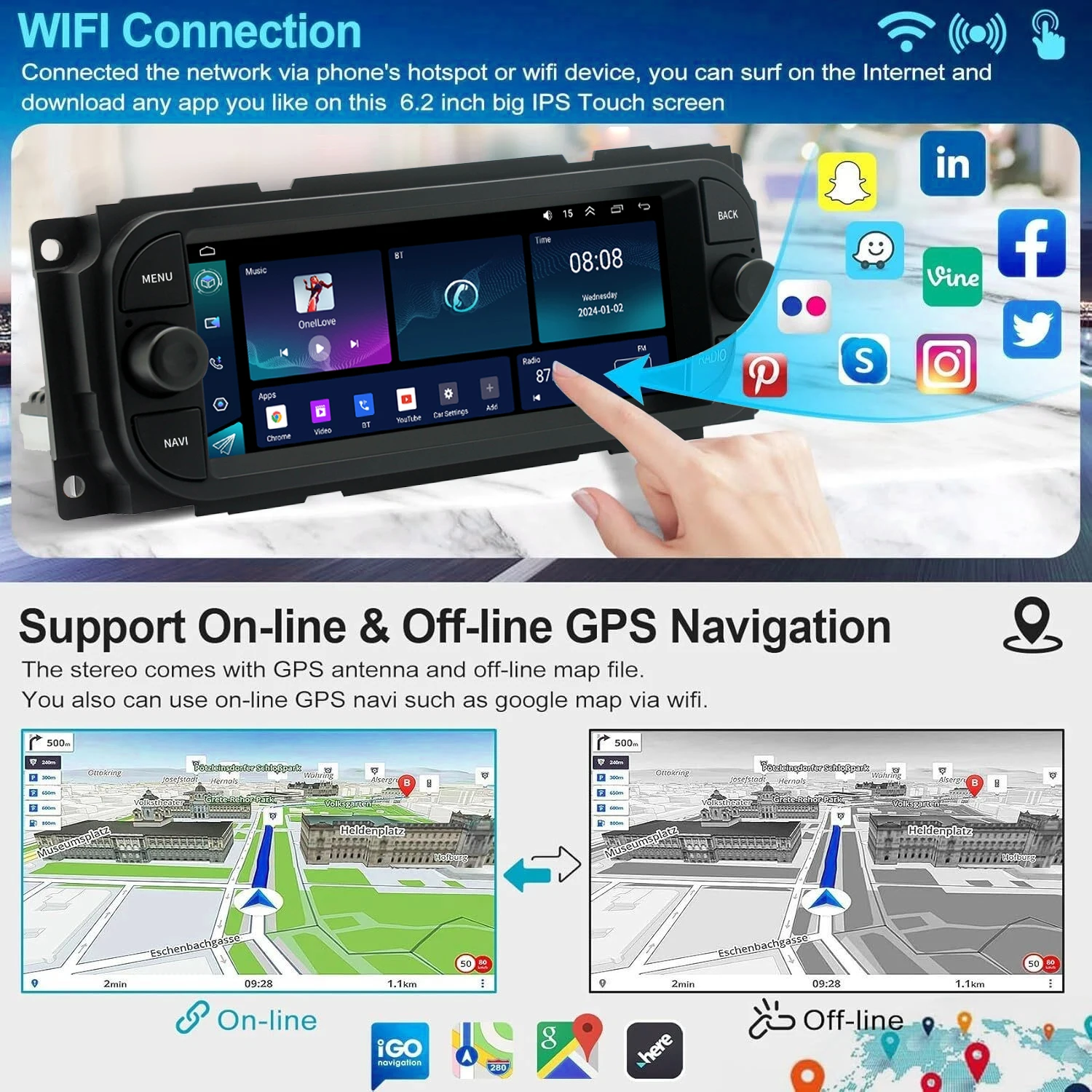Picture 4: 6.86inch Car Stereo Multimedia Video Player with GPS Navigation CarPlay Android Auto Mirror Link for Jeep Dodge Grand Cherokee