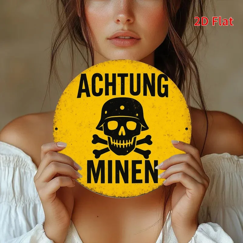 2D flat print, 1pc, vintage round iron sign- Beware of mines, 20.32x20.32 cm, suitable for home, room, garage, country, garden,