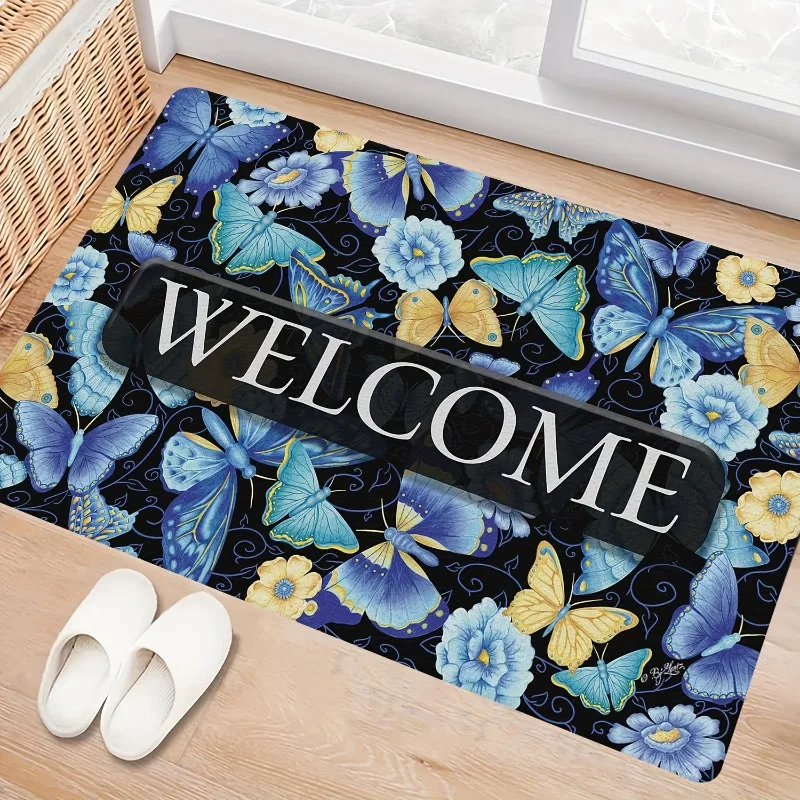 Blue Butterfly Anti Slip Door Mat Machine Washable Indoor Outdoor Use Suitable for Front Door Bathroom Kitchen Home Decoration