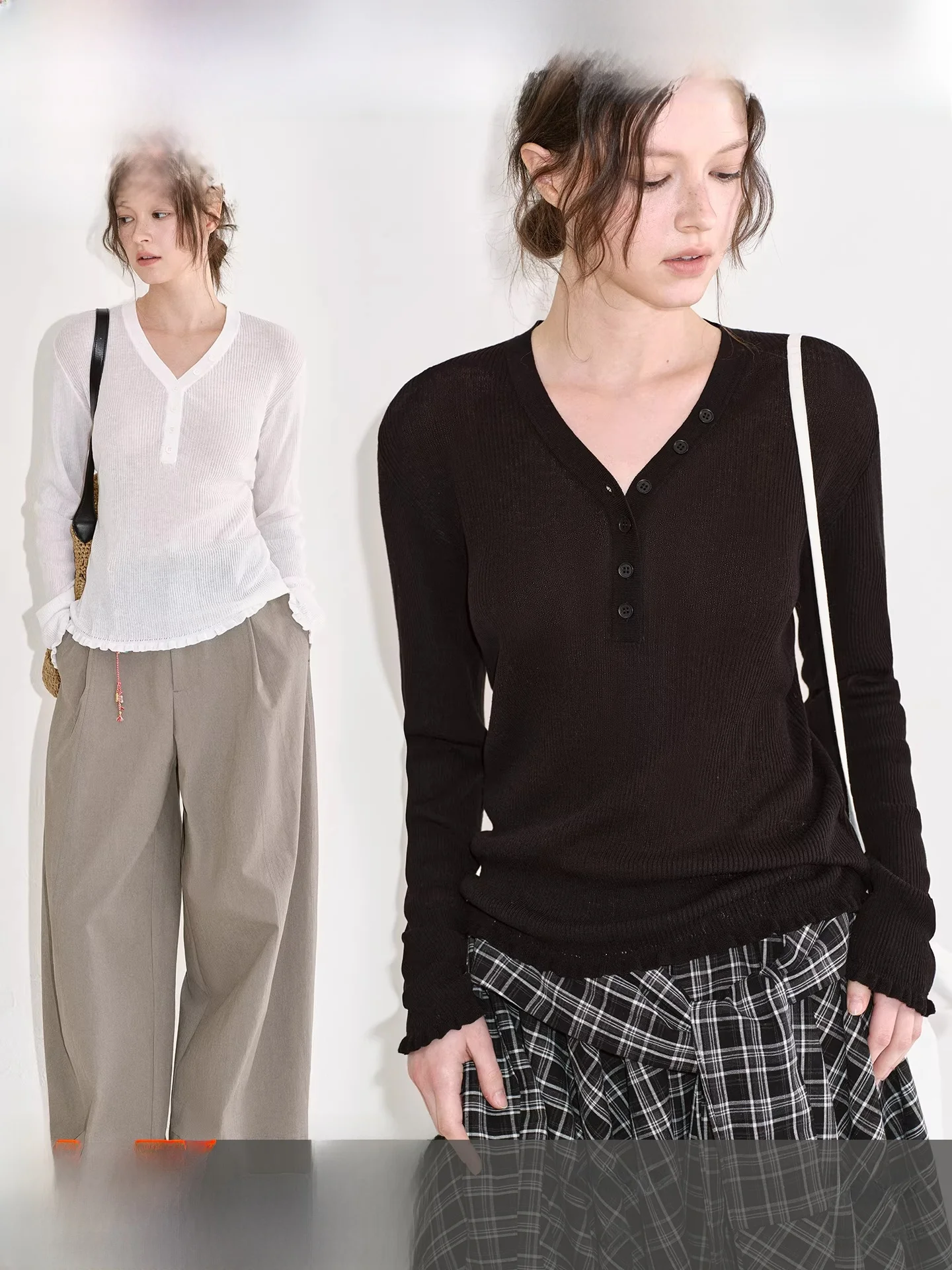 

Fano Spring 2026 Women's Loose Knitted Long Sve V-Ne Top with Wood ain Ruffle Casual Comfortable Breathable Faion