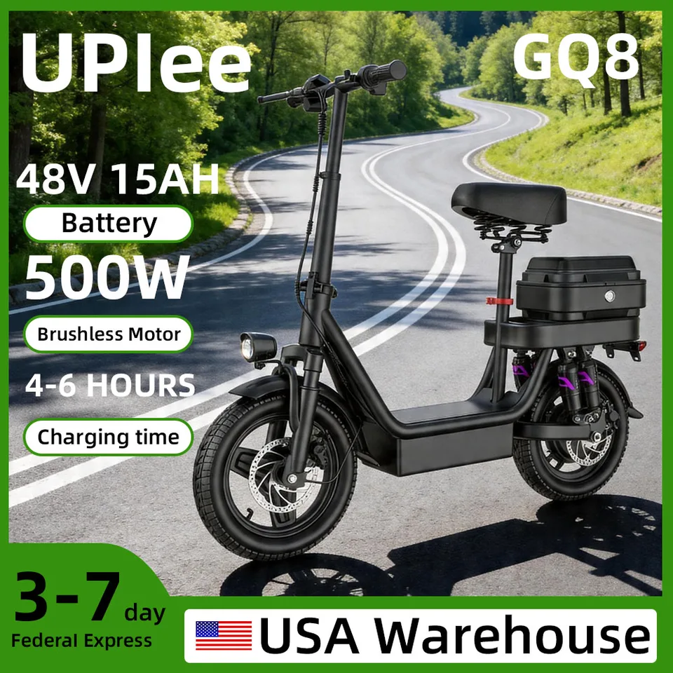 UPlee GQ8 Adult Electric Bike 500W Peak Motor 48V 15AH Electric Scooter 14 Inch Fat Tire Full Shock Foldable with Trunk E Bike image 1