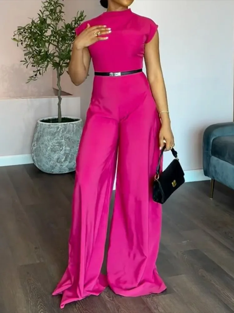 

Onecozyday Women's Rose Red Overall Round Neck Cap Sleeves Belted Jumpsuit 2025 Summer Elegant Party Wear One-piece Suit