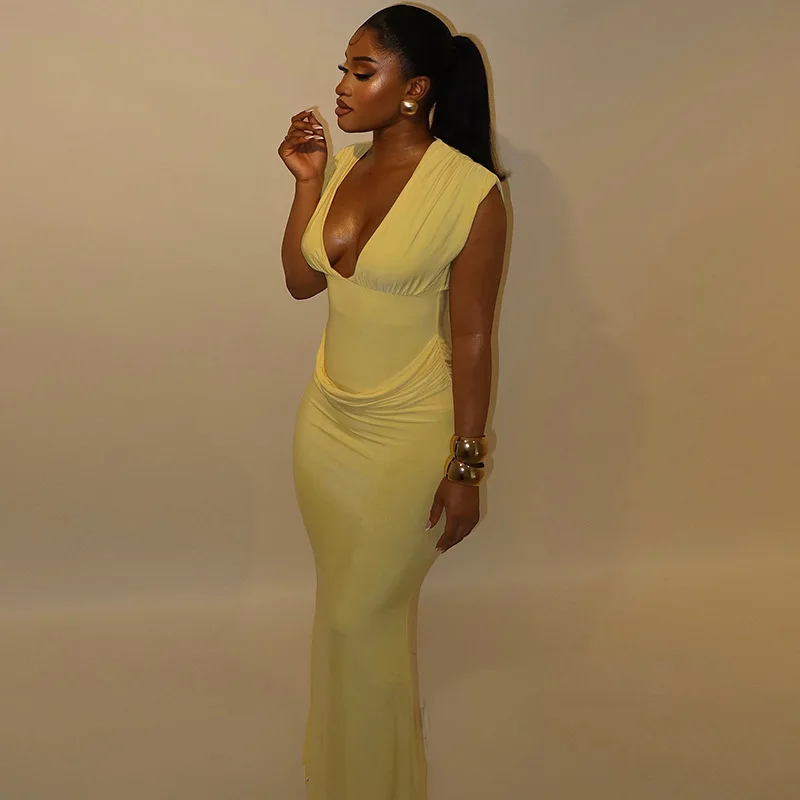 مثير العميق الخامس الرقبة أكمام Ruched Bodycon فستان طويل المرأة الشارع أنيقة عيد ميلاد عطلة الشاطئ فساتين الحفلات المسائية Vestidos