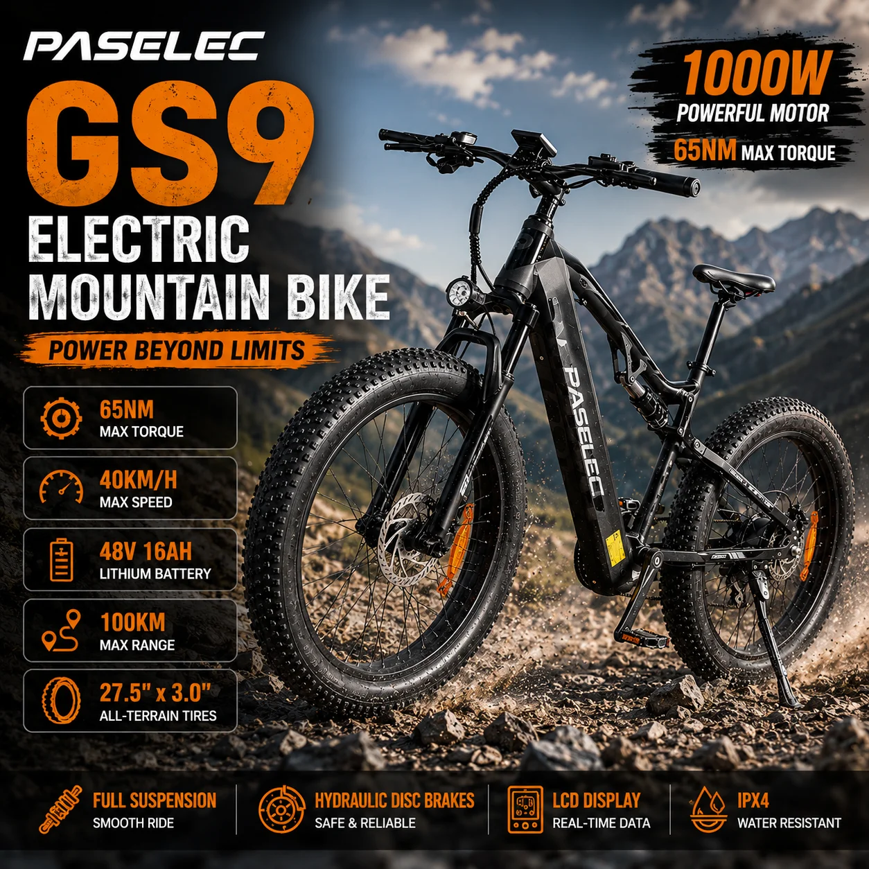 PASELEC GS9 Vélo électrique, moteur 1000 W, batterie 48 V 16 Ah, autonomie de 100 km, vitesse de 40 km/h, pneus épais 27,5 x 3,0, vélo e-bike adulte pour les aventures en plein air et le trajet urbain