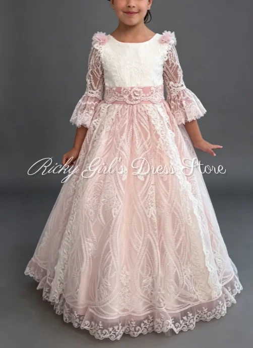 Elegant Lace Flower Girl Dress With Sleeves Floor Length First Communion Gown Pink Feather Backless Birthday Dresses Customized