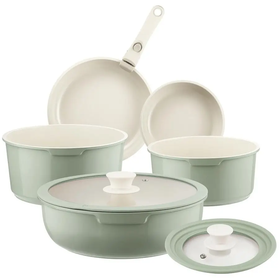 

Pots and Pans Set Non Stick Green, 8 Pcs Nonstick Cookware Set with Detachable Handle RV Camping Induction Kitchen Cookware Set