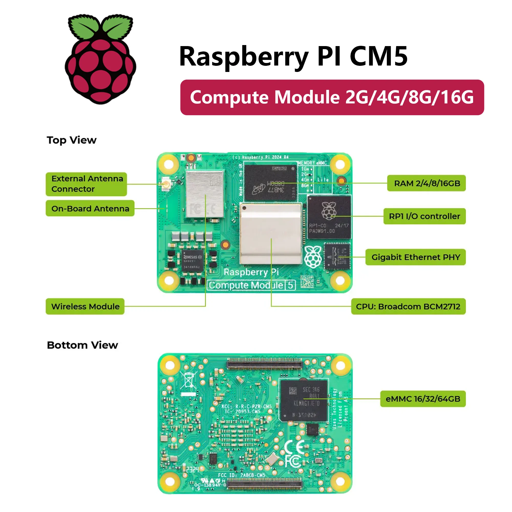 Official Raspberry Pi Compute Module 5 CM5 Broadcom BCM2712 2GB/4GB/8GB/16GB RAM 2.4/5.0GHz WiFi Bluetooth 5.0 Raspberry Pi CM5