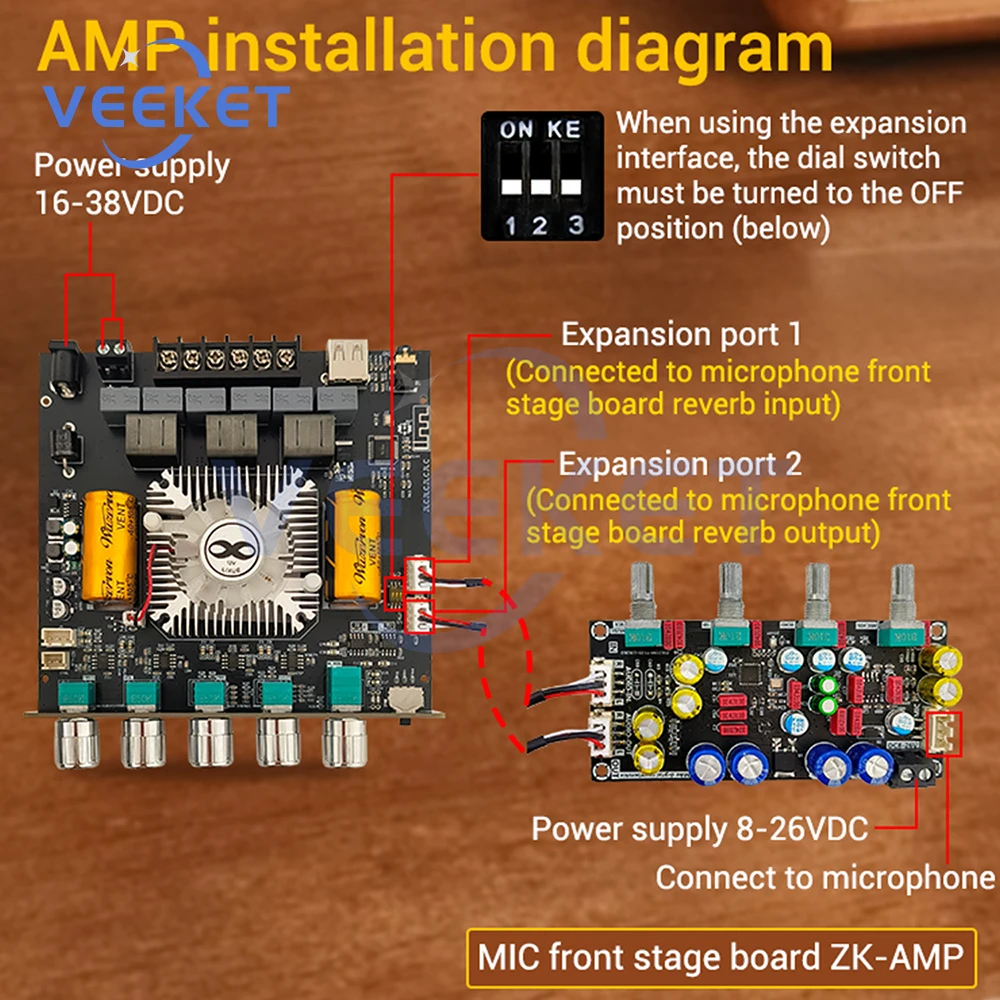 

ZK-AS21 2.1 Channel TPA3255 Bluetooth Digital Power Amplifier Board Module High And low Tone Subwoofer 220W*2+350W