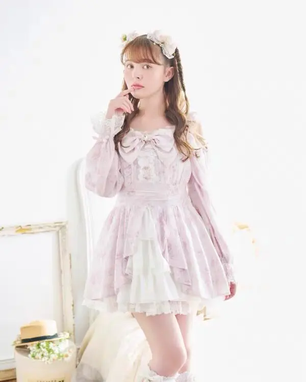 

Милый японский комплект с кружевной отделкой и галстуком-бабочкой, юбка с розовой лентой, бальное платье принцессы, длинное свековое платье Лолита с высокой талией