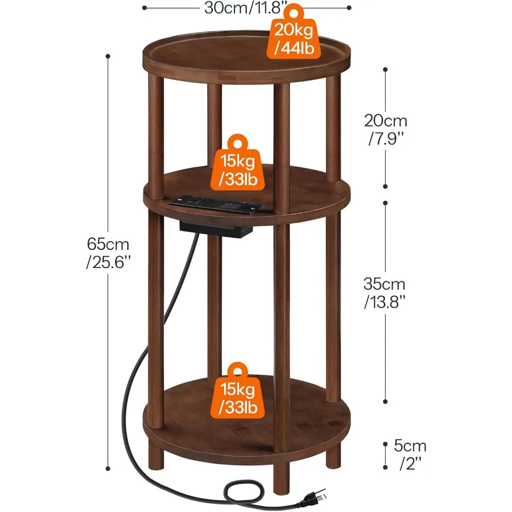 HOOBRO Lot de 2 petites tables d'appoint rondes avec station de recharge, tables d'appoint rondes en bambou à 3 niveaux, tables de chevet compactes pour canapé, faciles