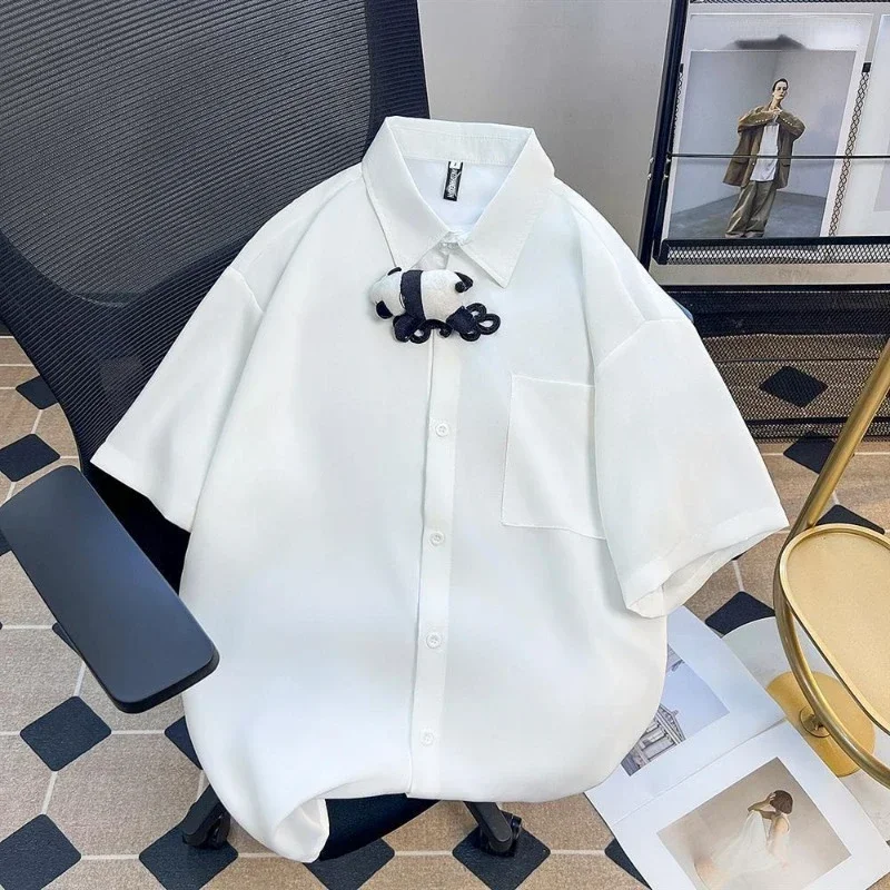 EBAIHUI 3D Cartoon Panda Women's Short Sleeved Shirt  Chinese Style Lapel Collar Pocket Design Tops Summer Solid Causal Blouses