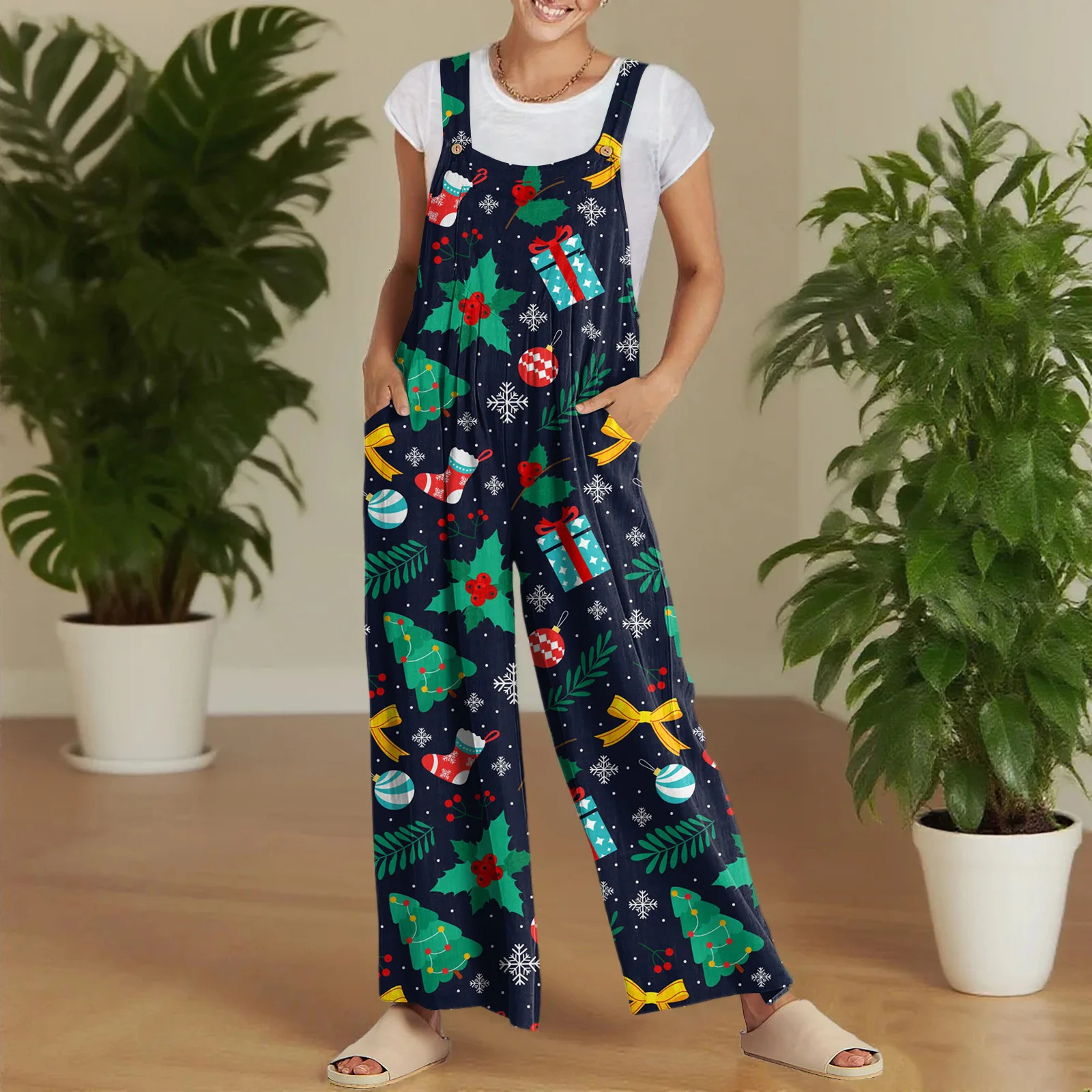 

Женский модный рождественский мультяшный узор с принтом, повседневный комбинезон без рукавов в стиле ретро на пуговицах, подходящий для праздничной одежды