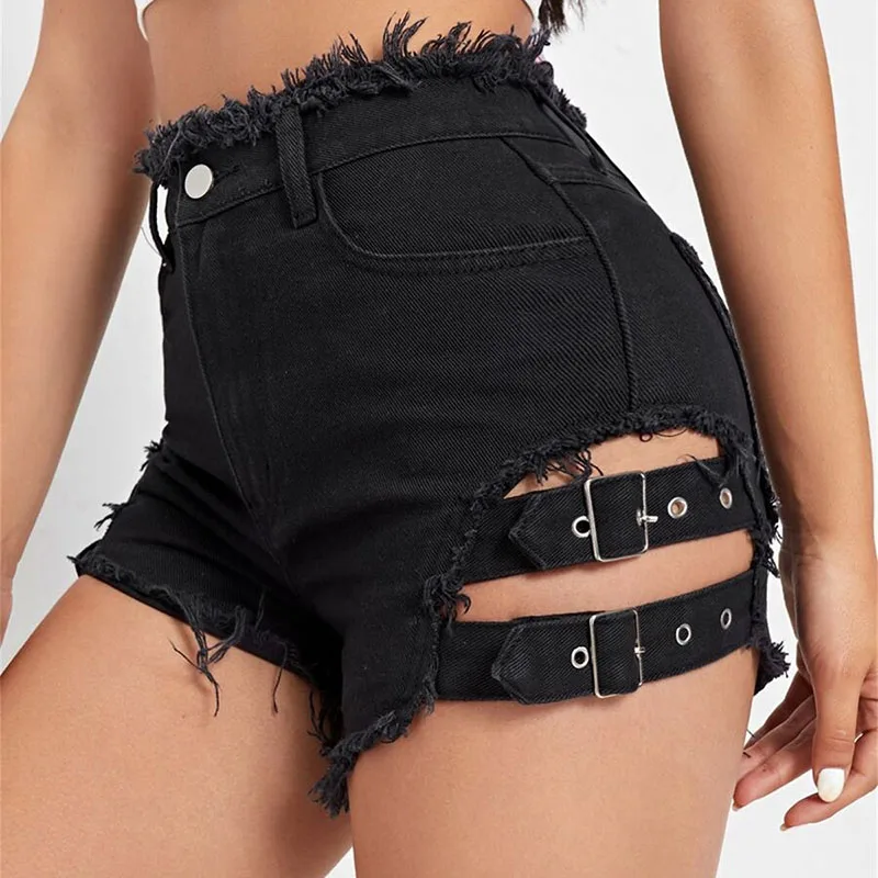 Shorts jeans skinny de cintura alta para mulheres estilo americano angustiado oco fivela de metal gravata cintura streetwear