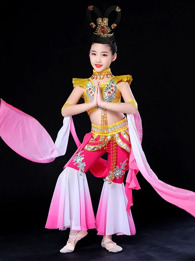 Танцевальный костюм Дуньхуан для девочек, этнический детский классический танцевальный костюм для выступлений Люте