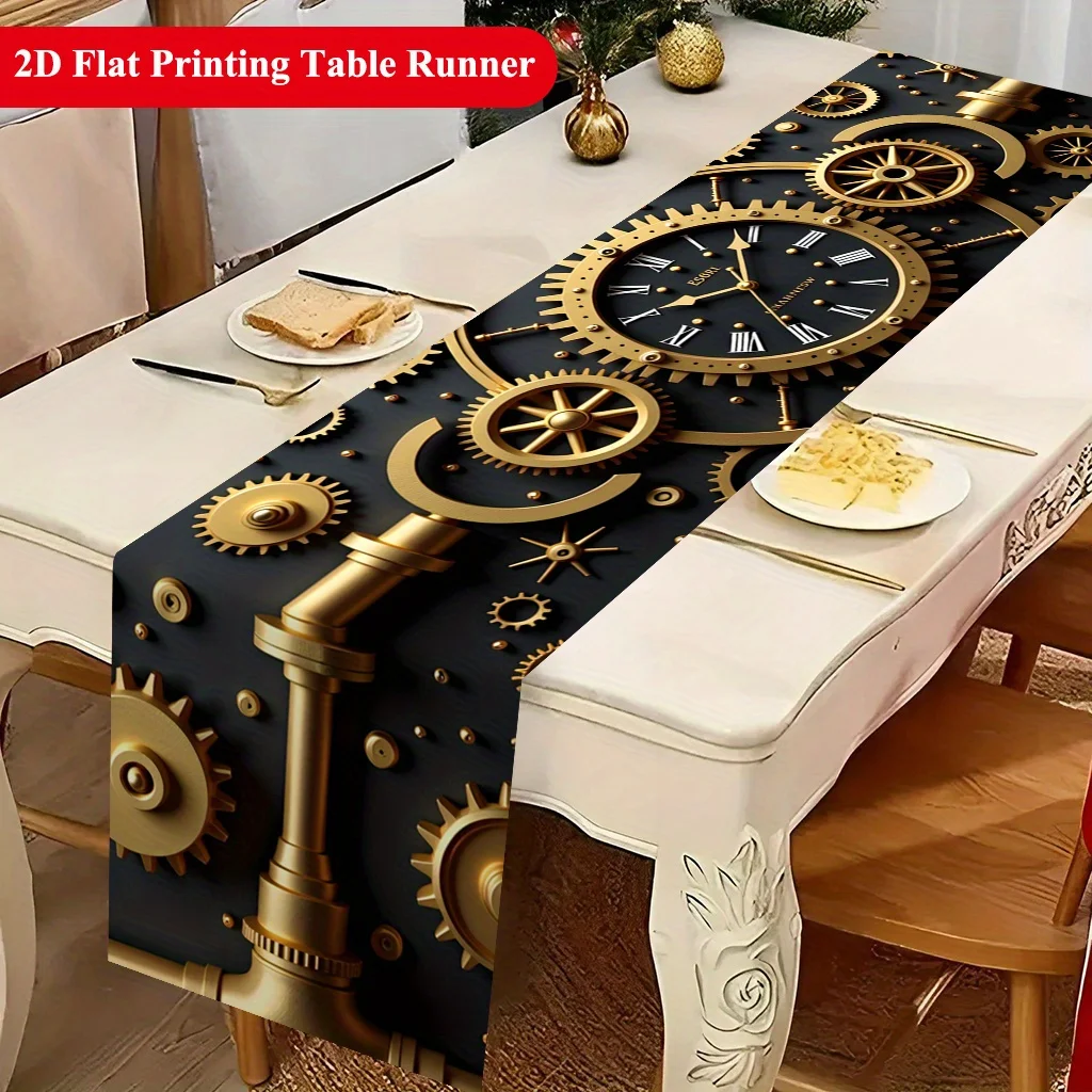 Vibrant Mechanical Steampunk Gears Table Runner - Intricate Industrial Motif Decoration for Holiday Kitchen Dining Home Party