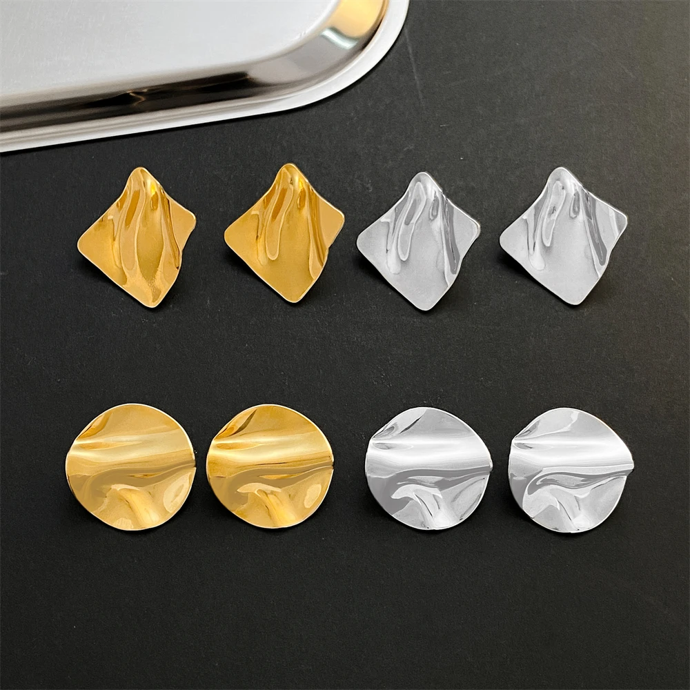 Stainless Steel Pleated Geometric Earrings For Women Girls Fashion Jewelry Trendy Vintage Women\'s Smooth Gold Color Stud Earring