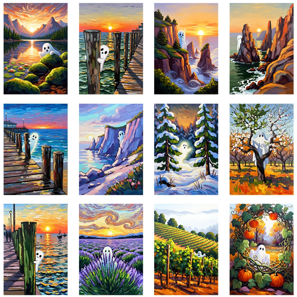 15cm Whimsical Ghost Hide In Landscape Oil Painting Diy DTF Heat Transfer Sticker T-shirt Clothes Decal Iron On Transfer Sticker
