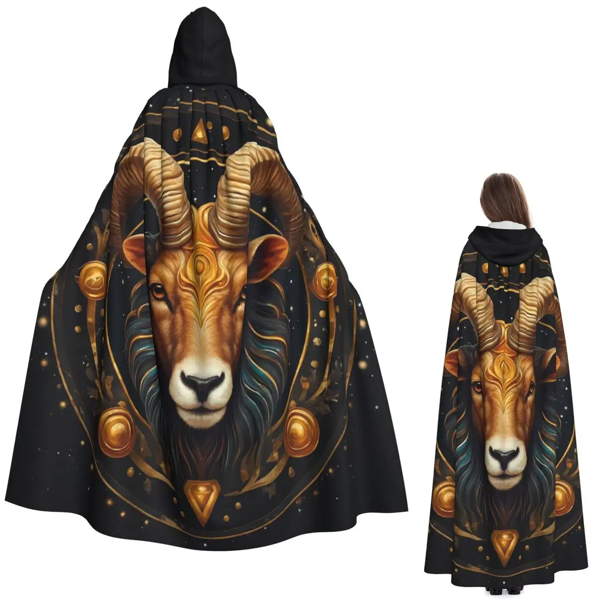 Capa Larga con Capucha con Estampado de Cabra Celestial y Cuernos de Carnero del Zodíaco de Aries, Disfraz Medieval de Bruja, Capa de Cosplay, Halloween, Vampiro, Unisex