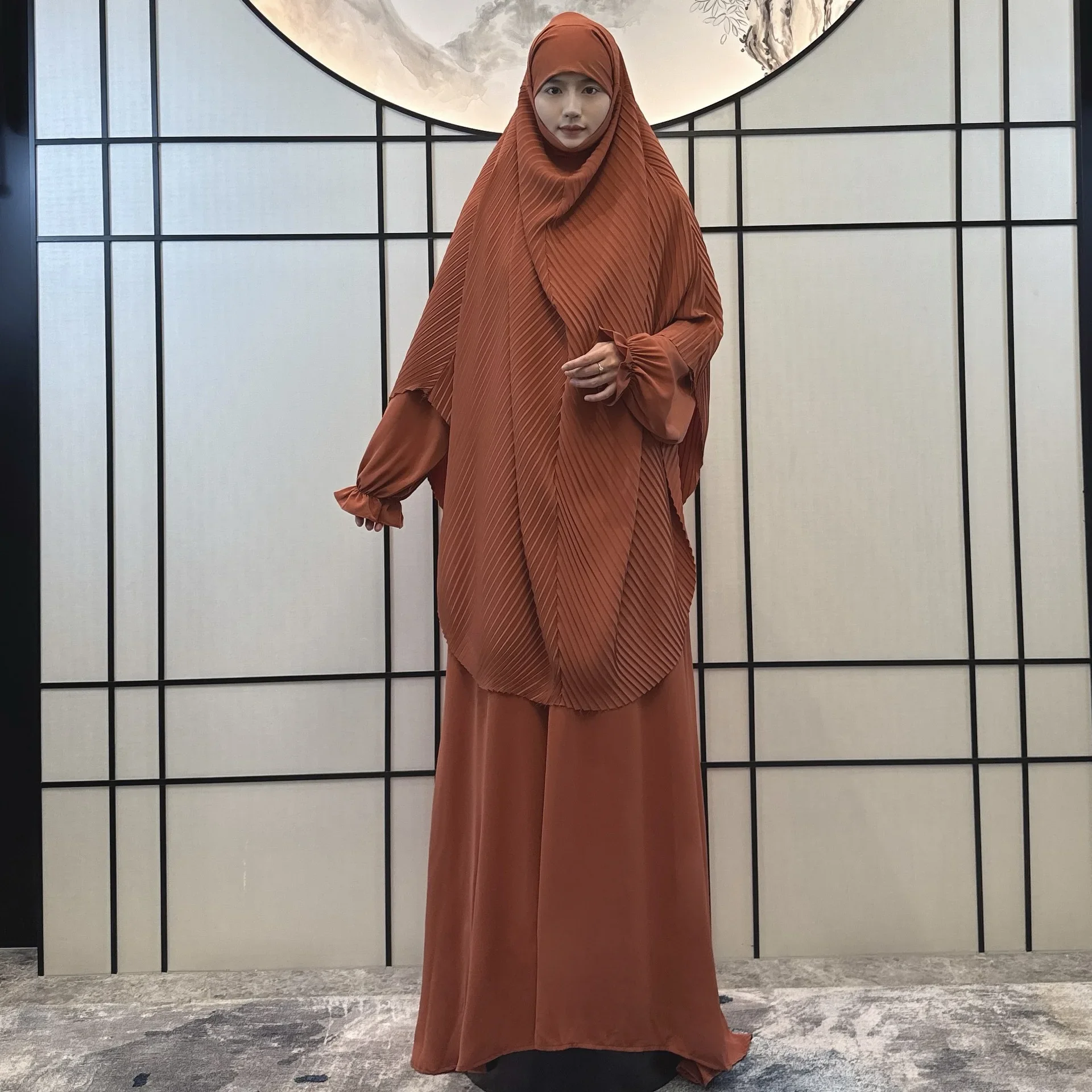 Caftán marroquí musulmán para mujer, Vestidos de oración de Dubái, bata larga de Ramadán, Hijab Abaya, pañuelo en la cabeza, Jalabiya Abayas, conjunto de 2 piezas