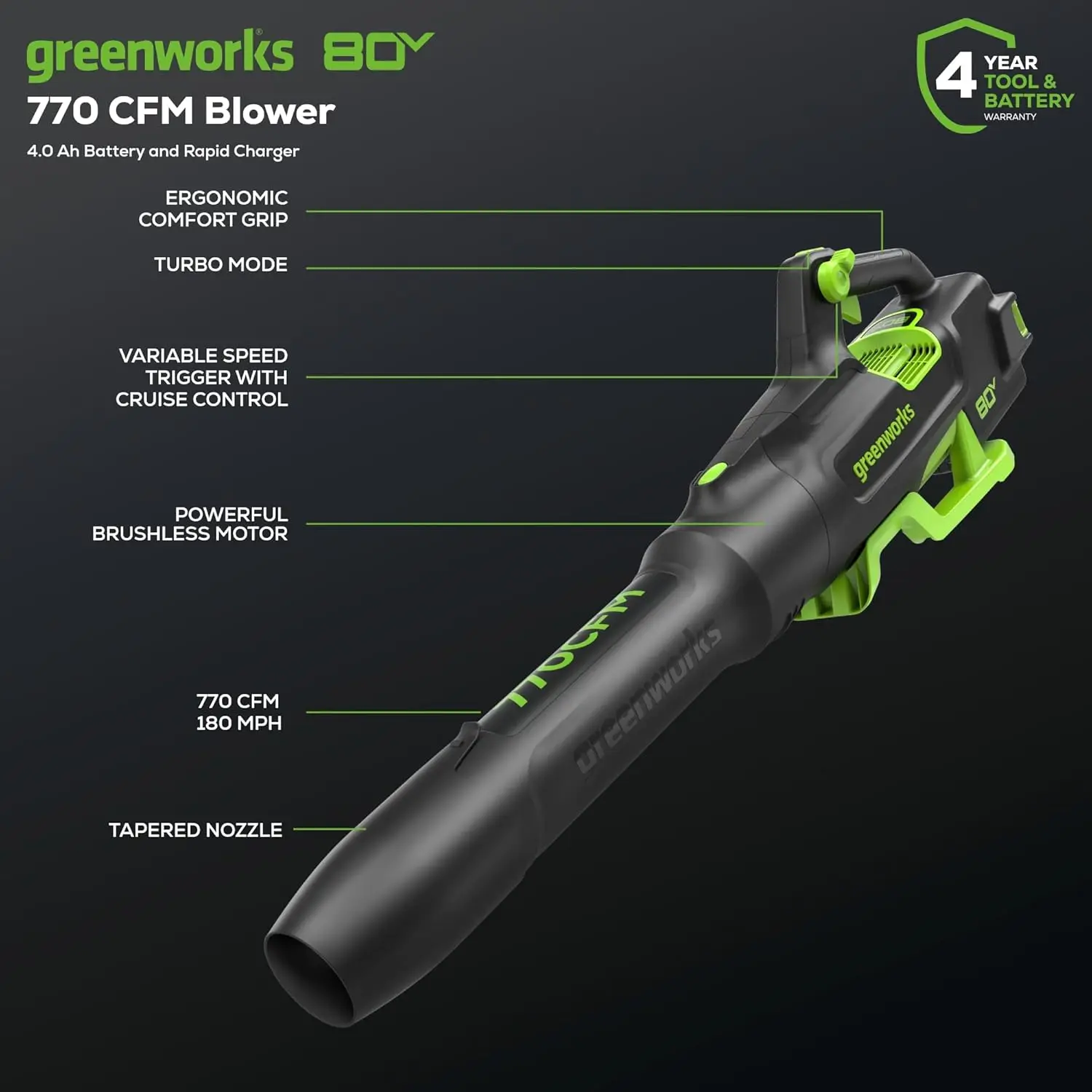 Greenworks 80V 770 CFM Cordless Leaf Blower, 4.0Ah Battery and Rapid Charger