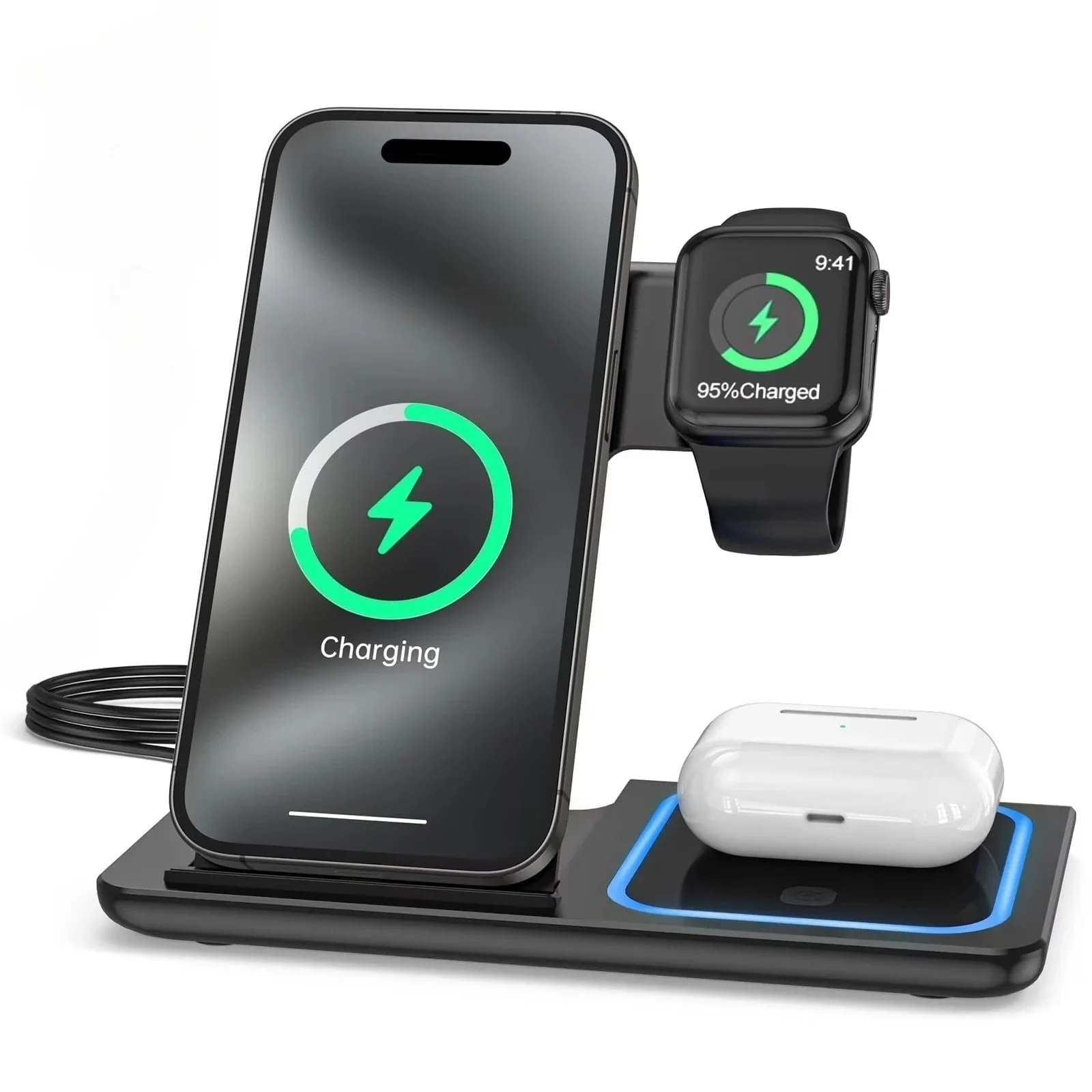 

Беспроводная зарядная станция 3-в-1 для MagSafe-совместимых iPhone 17, 16, 15, 14, 13, Apple Watch, AirPods Pro 2 – быстрая зарядка, подставка-док-станция
